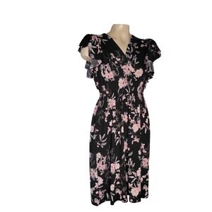 Anna‎ Morgan Black Pink Floral V-Neck Smocked Waist Flutter Sleeve Midi Dress S